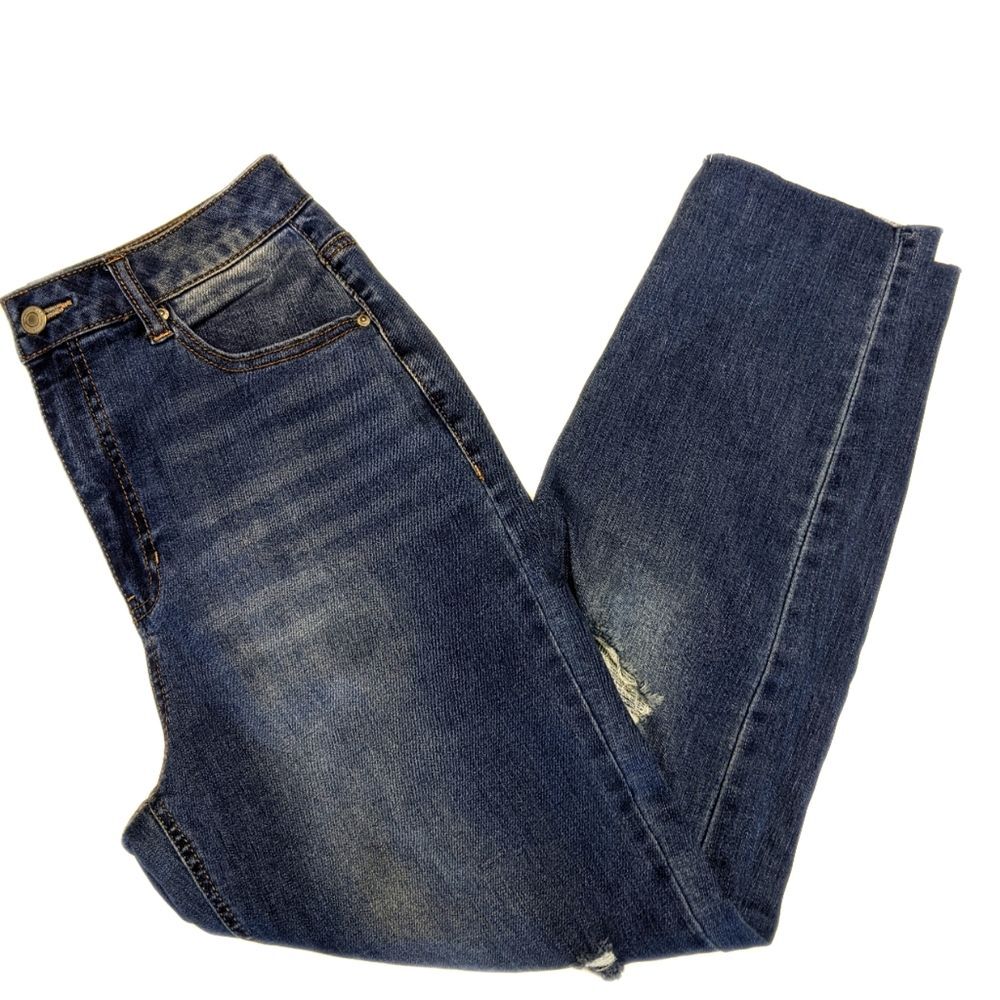 Vanilla Star Mom jeans, rough hem, distressed denim, size 9